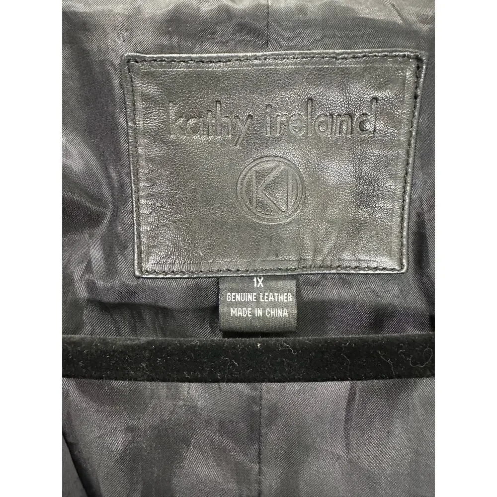 Kathy Ireland Classic Black Car Length Leather Jacket Pockets Plus Size 1X